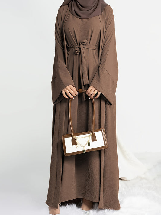 Solid Color Two-piece Dress Set, Sleeveless Crew Neck Belted Dress & Long Sleeve Open Front Robe Outfits, Women's Clothing