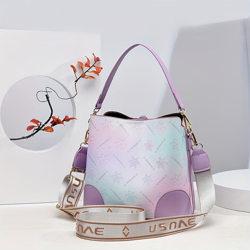 Trendy Ombre Bucket Bag, Letter Print Handbag, Fashion Buckle Decor Handbags, Women'S Every Day Purses