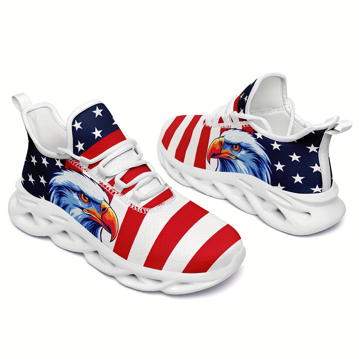 Women's American Flag & Eagle Patriotic Sneakers - Red White &  Low-Top Sneakers with Arch, Cushioned Sole, All-Season Comfort - Ideal for Casual, Sports & 4th of July Events - Breathable Mesh & Lace-Up Closure - Lightweight