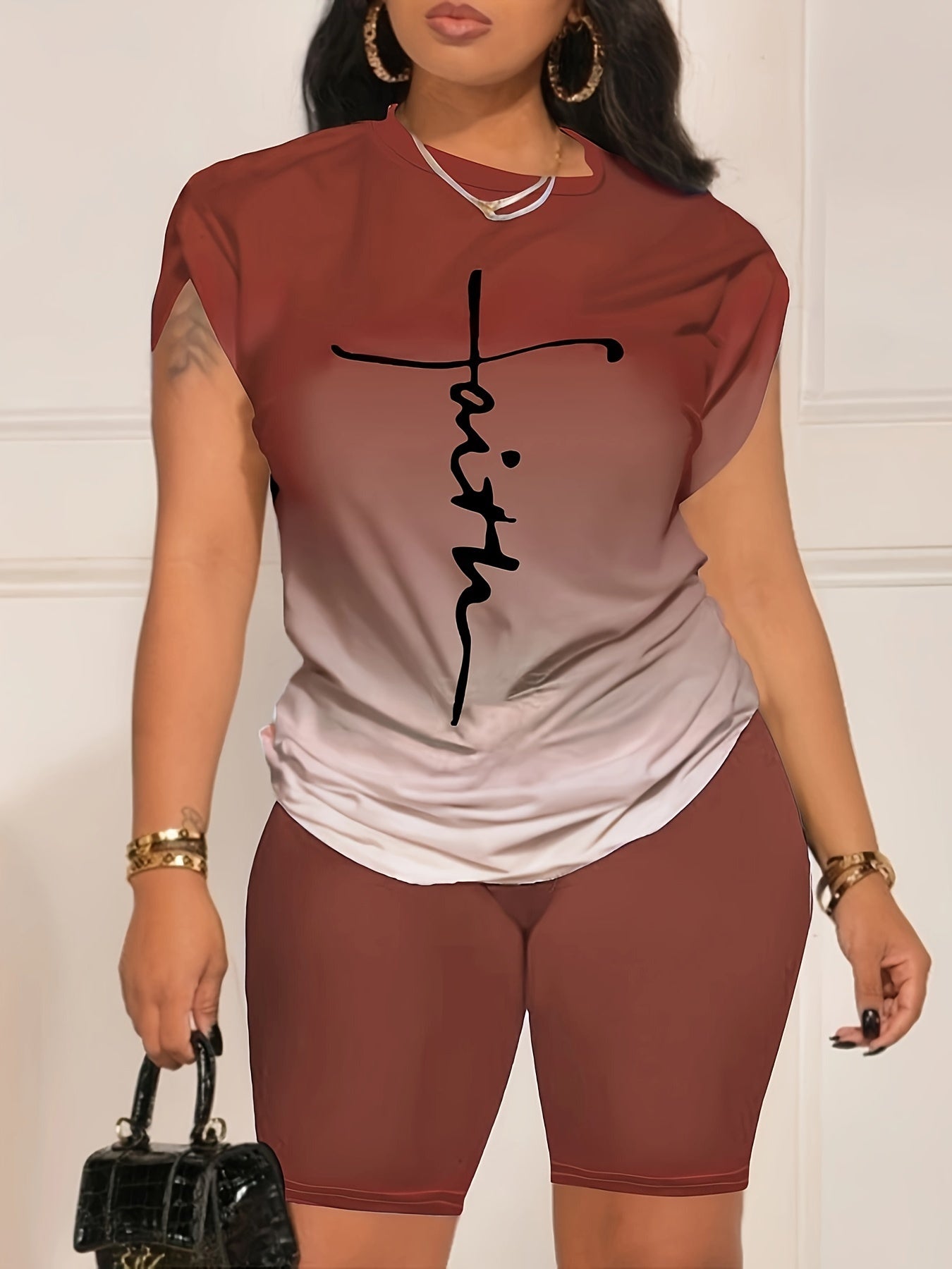 Casual Daily Two-piece Set, Faith Letter Print Short Sleeve Tops & Solid Shorts Outfits, Women's Clothing