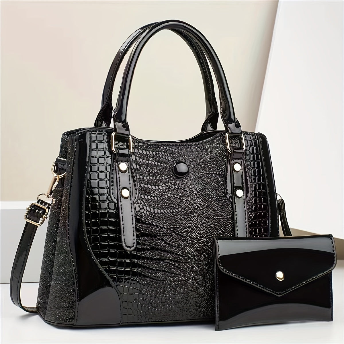 2-Piece Set Crocodile-Embossed PU Leather Handbags, Large Capacity Retro Style Bag, Fashionable Tote & Crossbody Bag For Women With Shoulder Strap