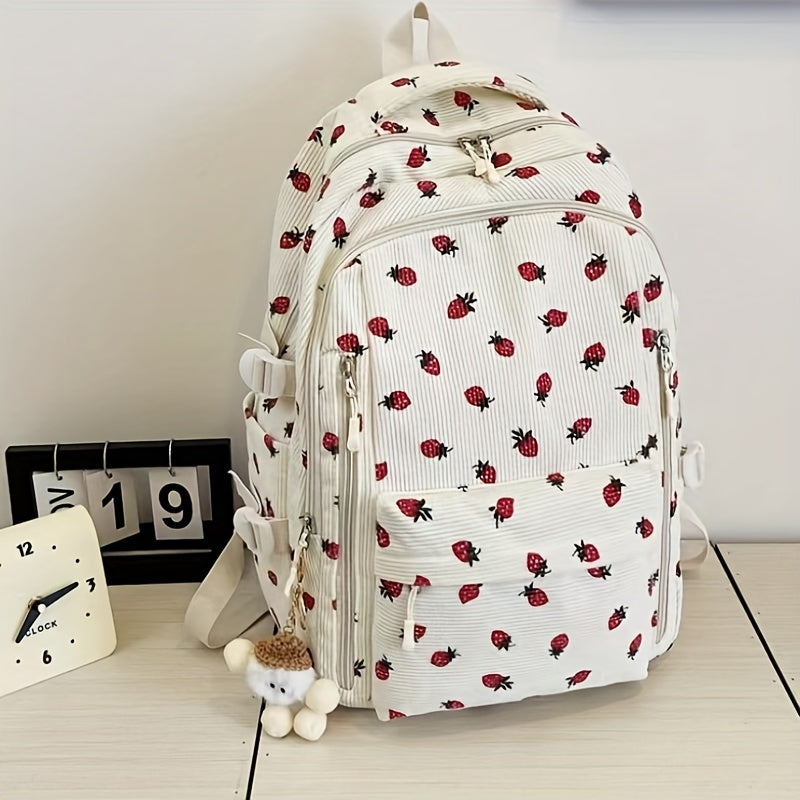 Women's Floral & Ladybug Print Backpack with Plush Fleece Lining - Adjustable Strap, Soft Shell School Backpack with Heart Cutouts & Pom-Pom Charm, Beige & Red Design, Zipper Closure, Lining & Fleece Exterior for Casual, Coll
