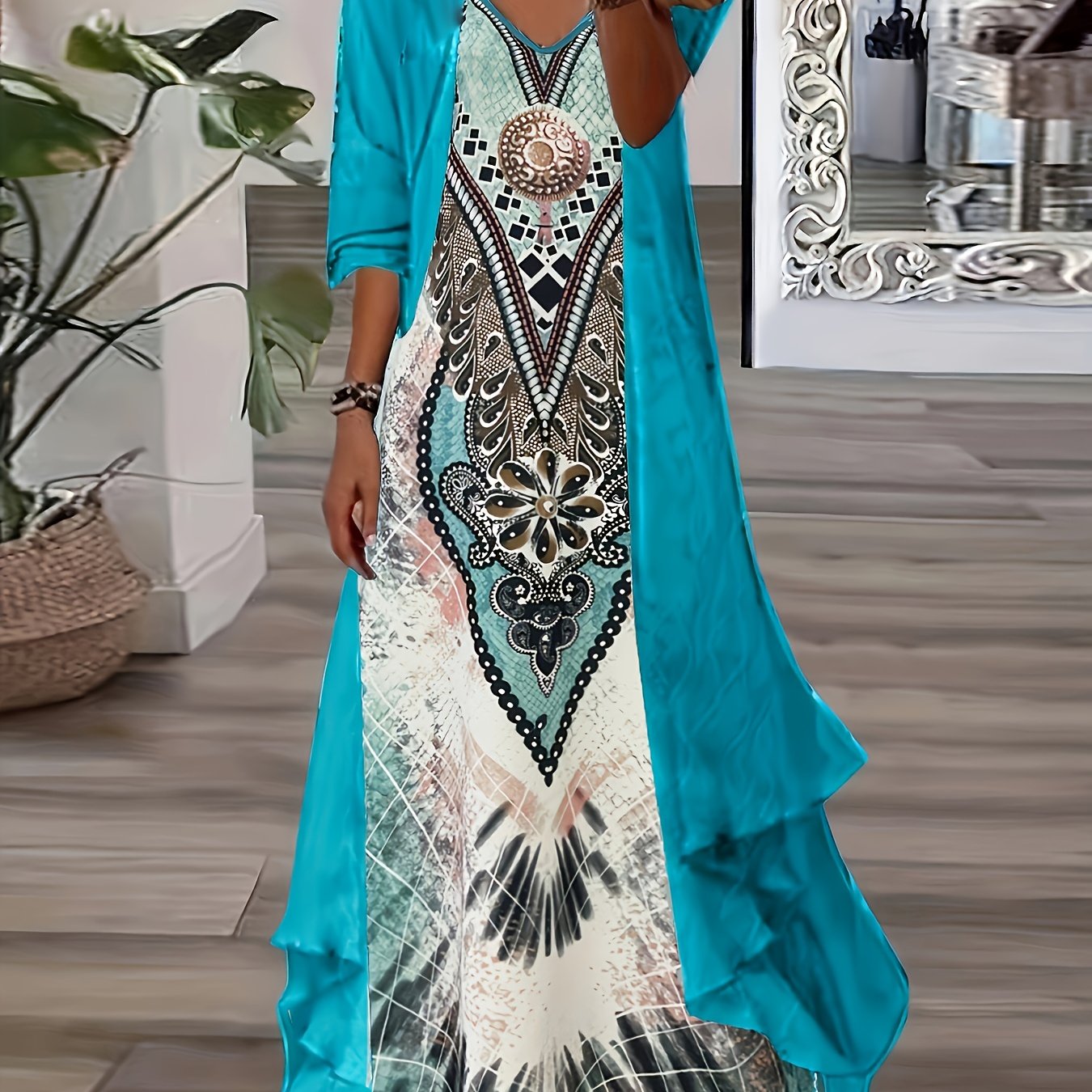 Elegant Slim Two-piece Dress Set, Solid Long Sleeve Open Front Top & Floral Print Sleeveless Spaghetti Strap Dress Outfits, Women's Clothing