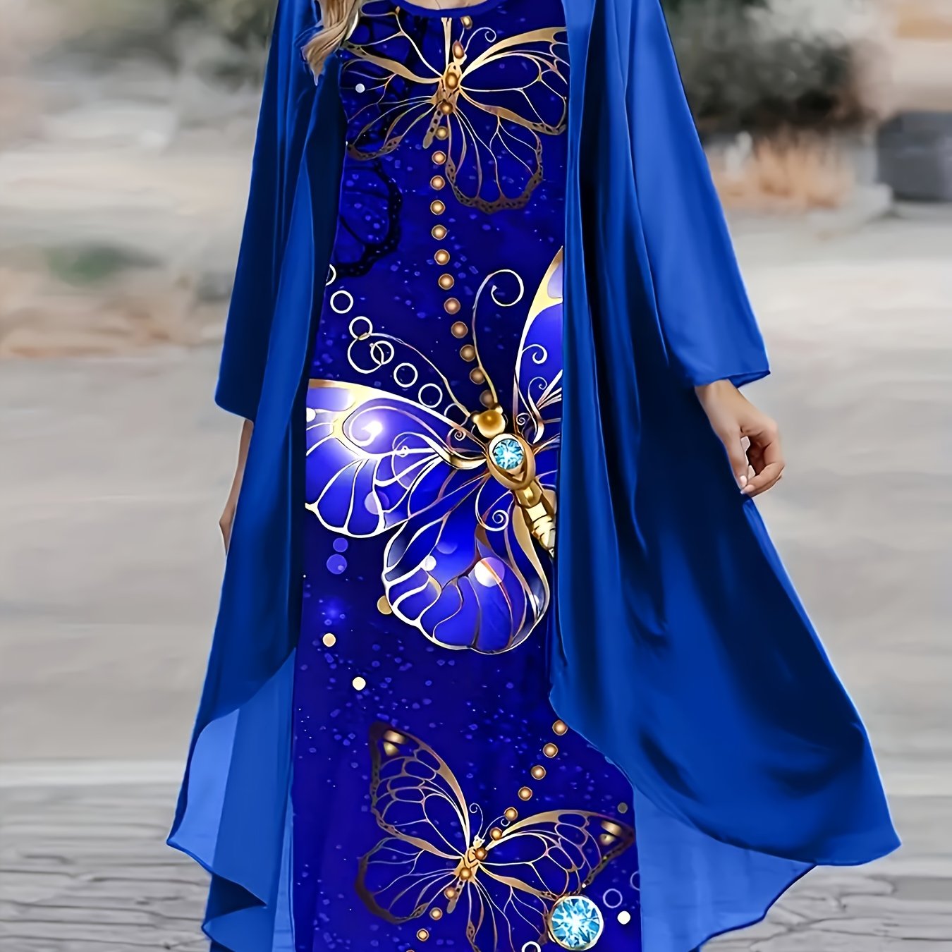 Fashion Women's V-neck Dress Set, Casual Butterfly Print Dress Set, Women's Two-piece Dress Set, Casual Dress Set, Comfortable, Cool And Breathable Dress Set