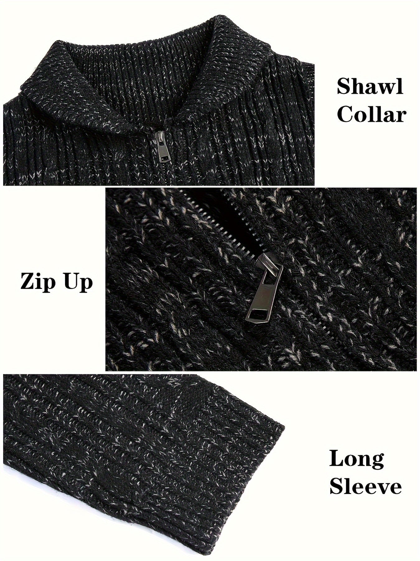 Mens Shawl Neck Cardigan Sweater Cable Knit Zip Up Closure with Pockets Winter Jacket Outerwear