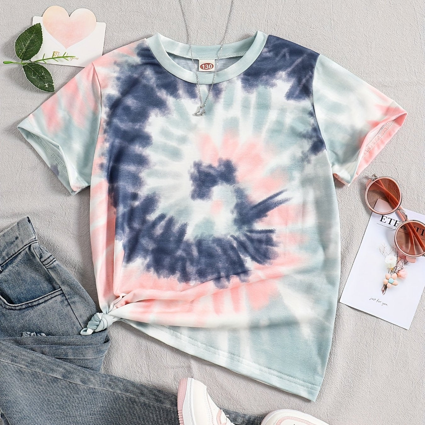 Vibrant Girls' Tie-Dye Graphic Crew Neck T-Shirt - Soft, Lightweight, and Comfortable Fit for Kids - Perfect Summer Tops Clothing for Casual Wear