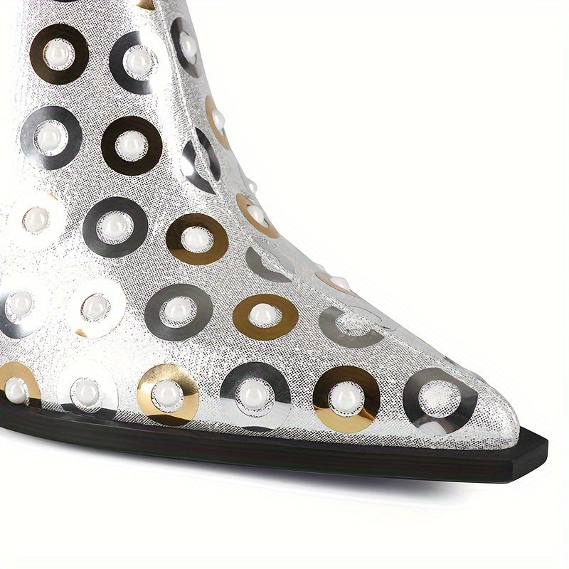 2025 Fashion Women's Shoes Pointed Toe Thin High Heel Short Boots Sequin Classic Silvery Fabric Colorful Sequins