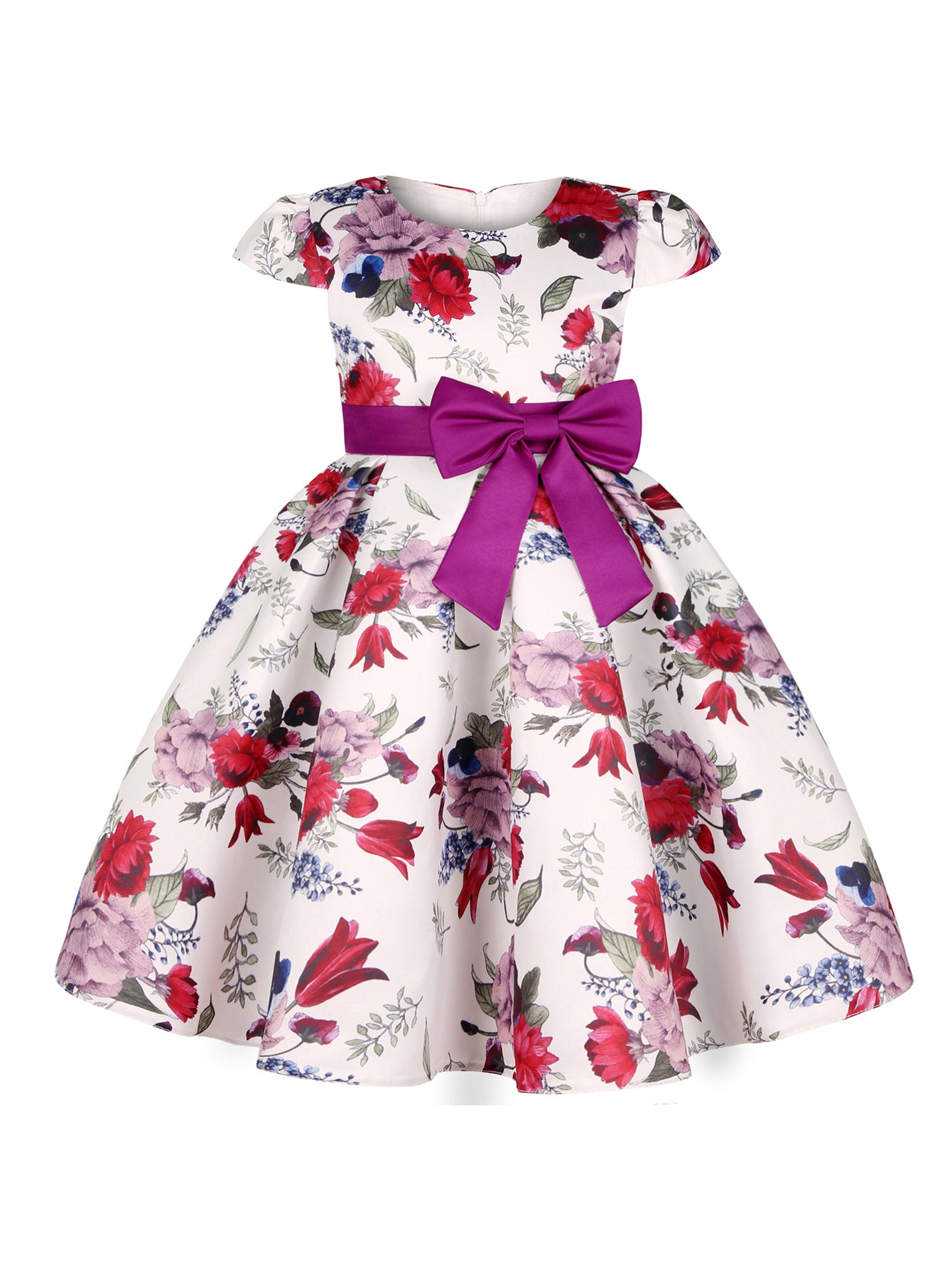 Children Eden Girls' Elegant Rose Floral Print A-Line Party Dress with Ruffled Short Sleeves & Ribbon Bow - Pink & Beige Floral Print, Slim-Fit Waist, Machine Washable, All-Season Wear for Weddings, Easter, Birthdays (Ages 3-