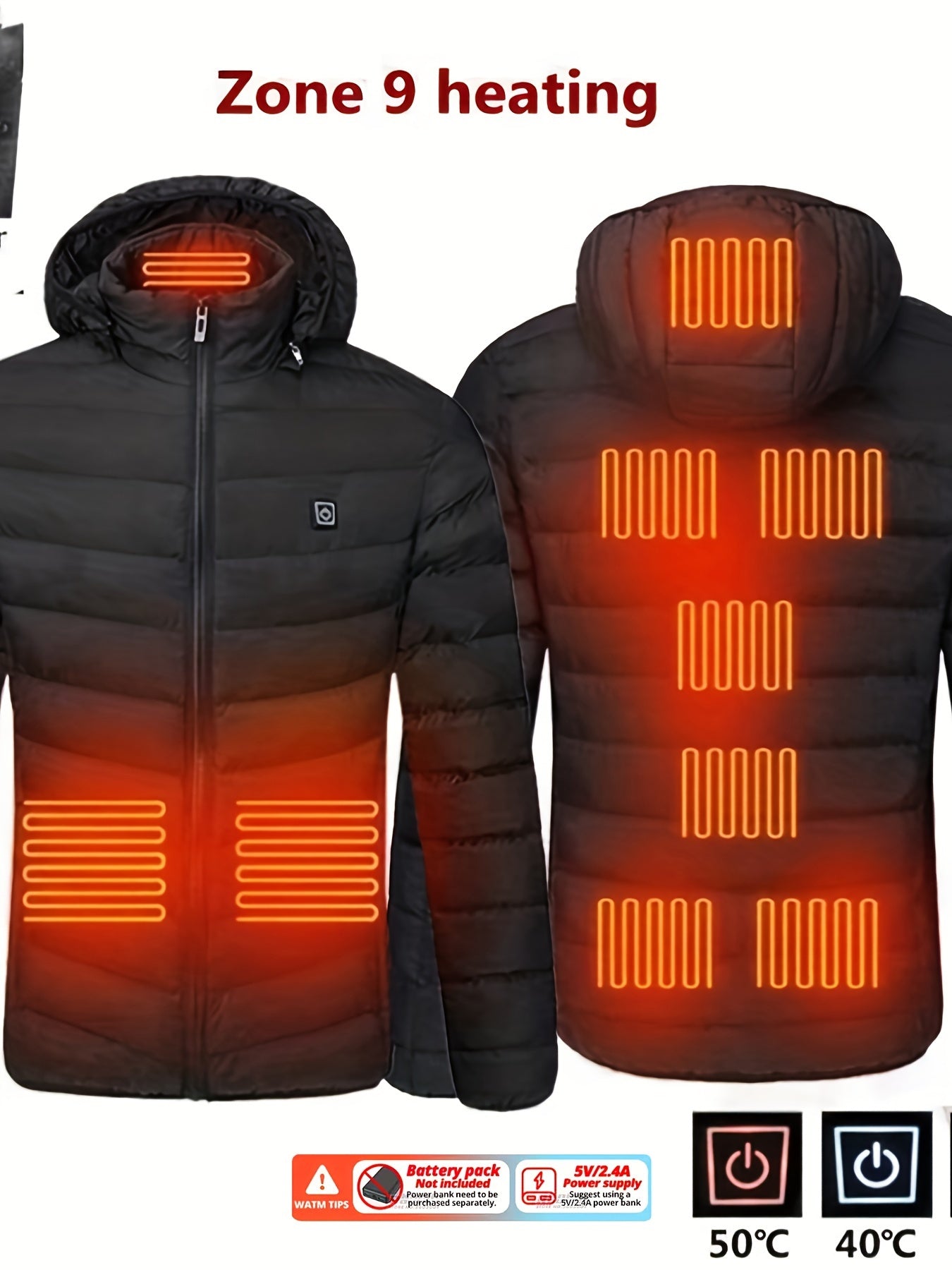 Men's Lightweight Heated Jacket - USB-Powered, Quilted Winter Coat with Adjustable Temperature Control, Zip-Up Hooded Design, Long Sleeves, Outdoor Warmth (Battery Not Included), Winter Jacket