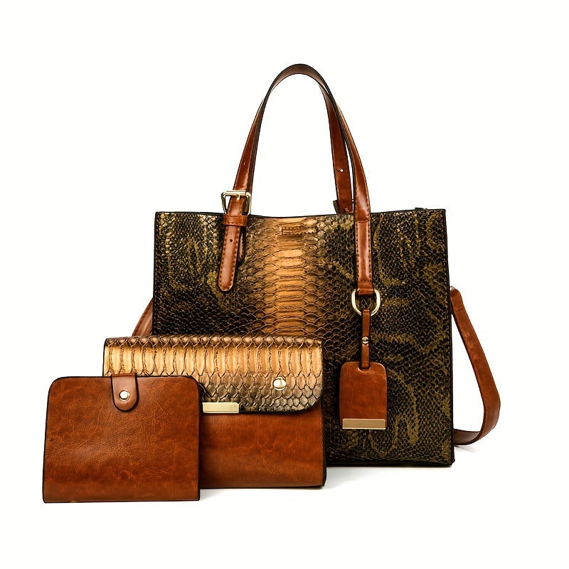 [Vintage Crocodile Handbags] 3-Piece Set Stylish Women's Faux Leather Handbags, Crocodile Pattern Tote With Matching Clutch & Wallet, Vintage Design Crossbody Bag