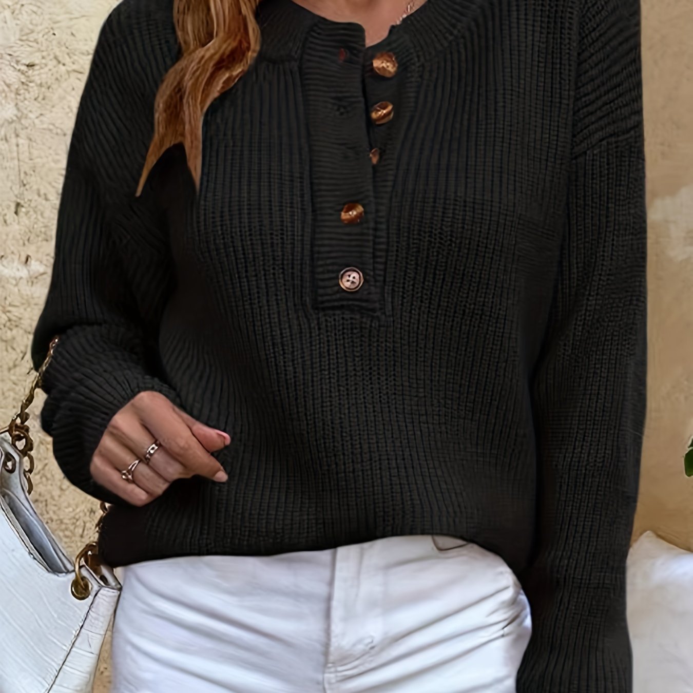 Women's Casual Pullover Sweater with Button Detail - Soft Round Neck Long Sleeve Solid Color Cozy Fall Winter Tops, Sweater, Autumn Wardrobe, Durable Knitwear