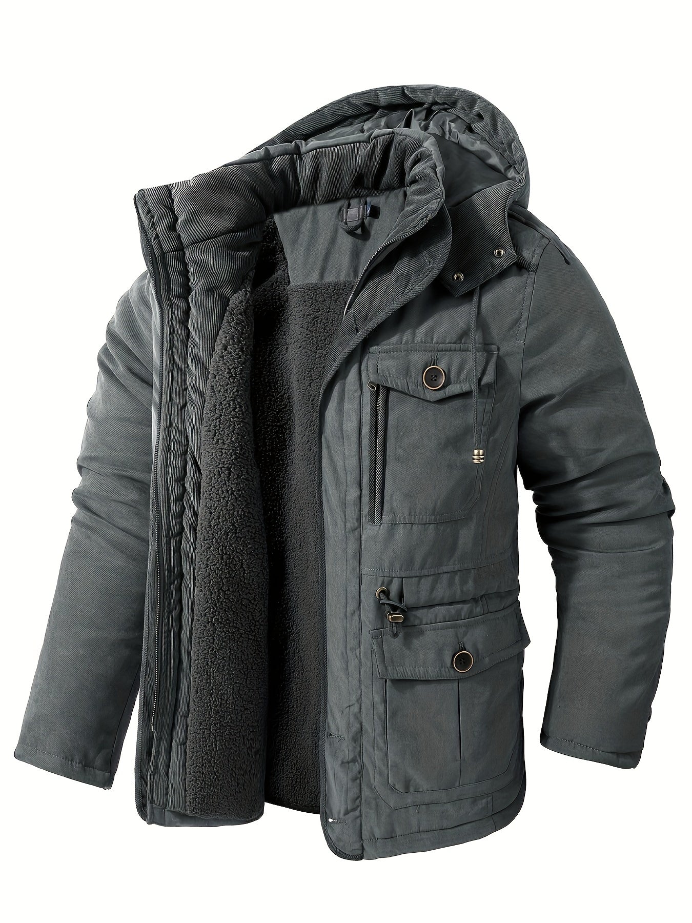 Men's Warm Thick Hooded Winter Jacket, Casual Chic Multi Pocket Cargo Jacket