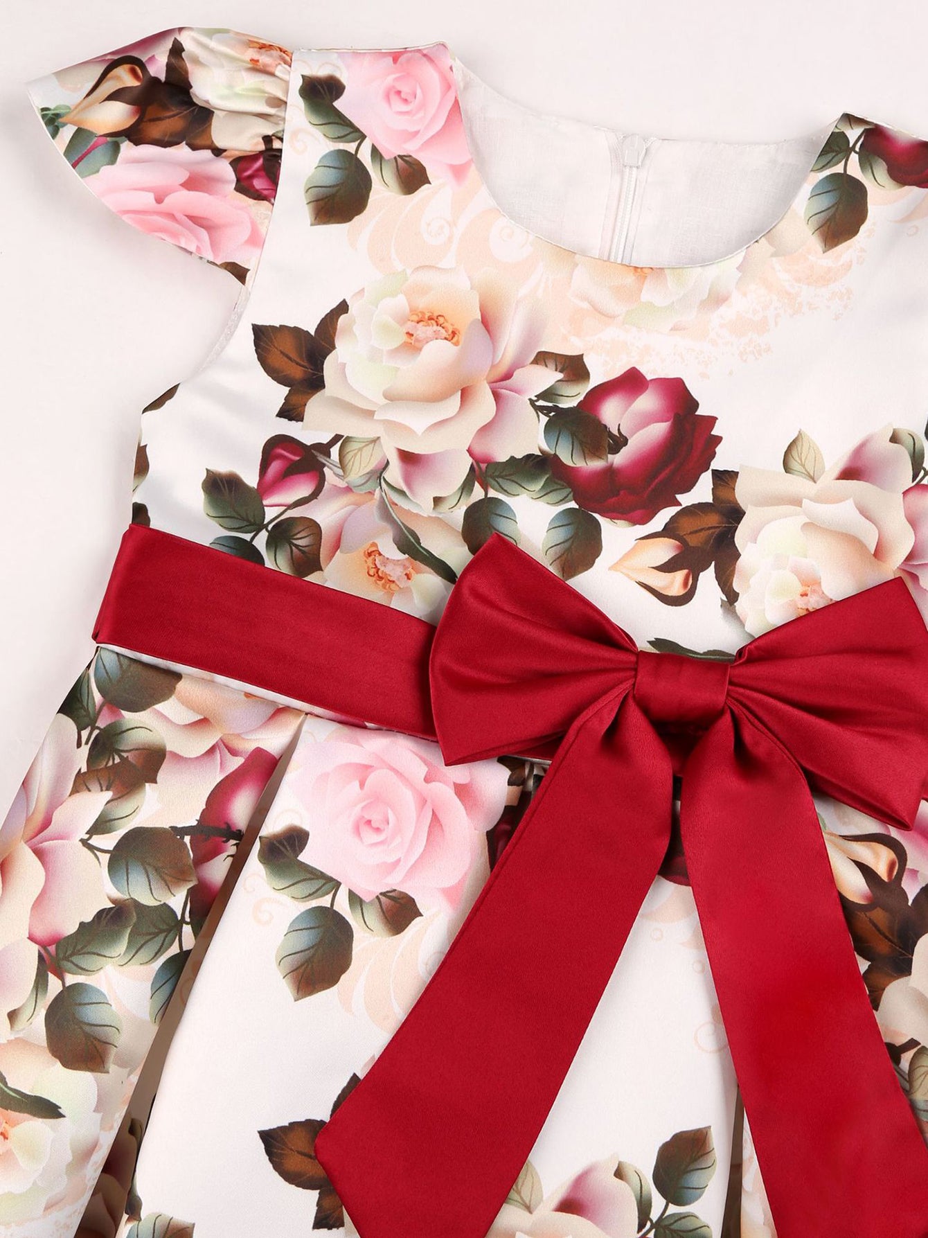 Children Eden Girls' Elegant Rose Floral Print A-Line Party Dress with Ruffled Short Sleeves & Ribbon Bow - Pink & Beige Floral Print, Slim-Fit Waist, Machine Washable, All-Season Wear for Weddings, Easter, Birthdays (Ages 3-