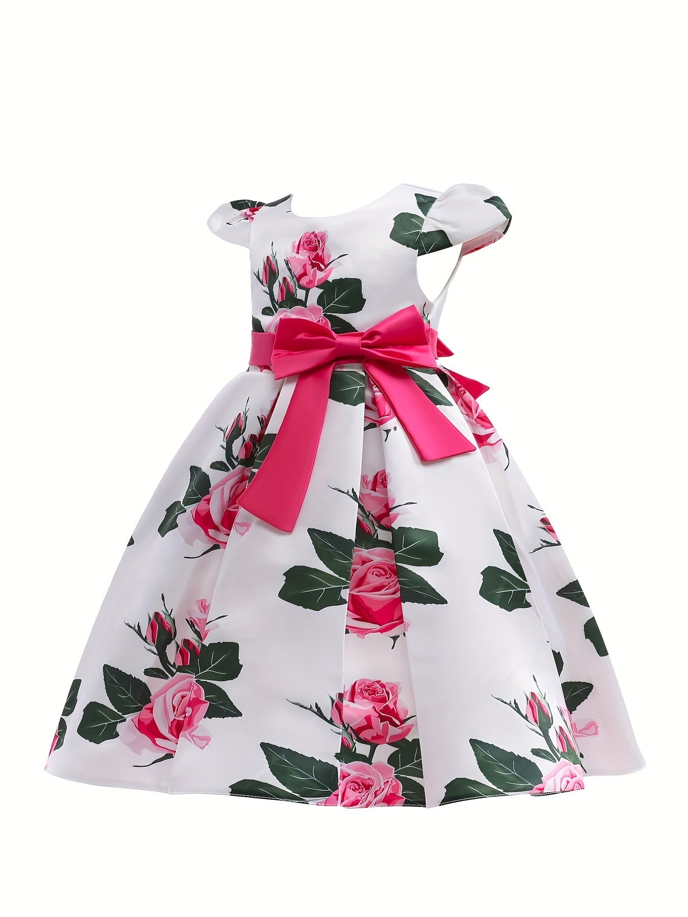 Children Eden Girls' Elegant Rose Floral Print A-Line Party Dress with Ruffled Short Sleeves & Ribbon Bow - Pink & Beige Floral Print, Slim-Fit Waist, Machine Washable, All-Season Wear for Weddings, Easter, Birthdays (Ages 3-