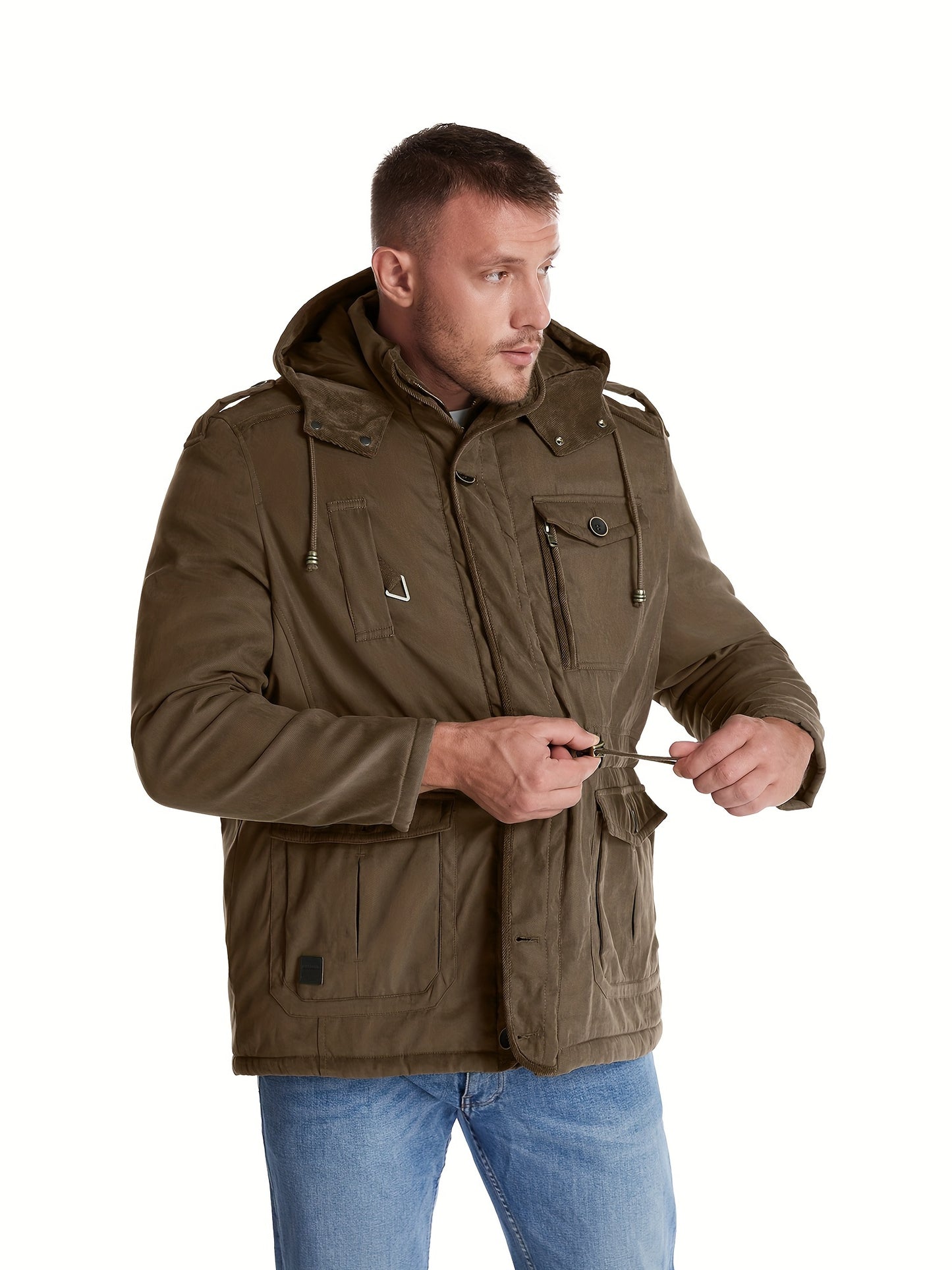Men's Warm Thick Hooded Winter Jacket, Casual Chic Multi Pocket Cargo Jacket