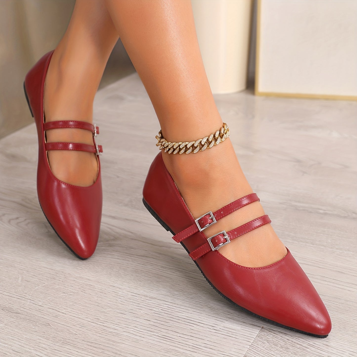 Pointed Red Single Shoes for Women Mary Jane Flat Versatile Retro Soft Cover with One-Word Buckle and Airy Choker Light Mouth Golden French Women's Shoes