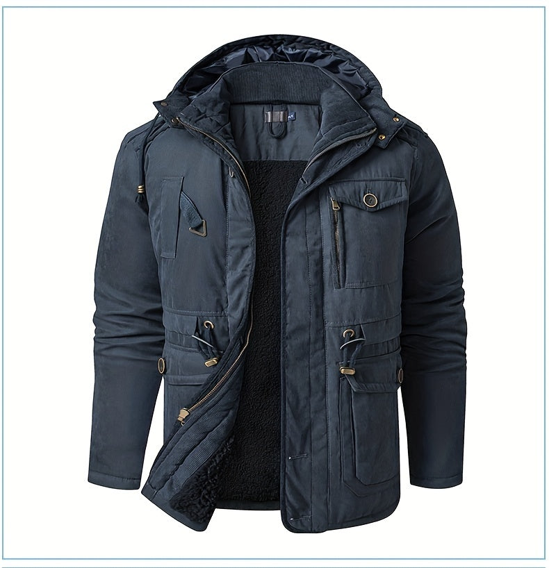 Men's Warm Thick Hooded Winter Jacket, Casual Chic Multi Pocket Cargo Jacket