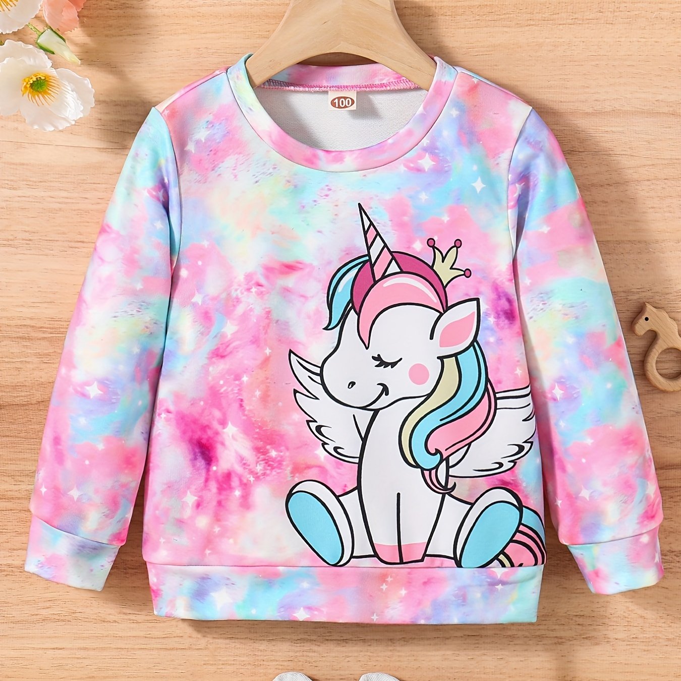 Girls Cute Unicorn & Tie Dye Crew Neck Sweatshirt Regular Fit Long Sleeve Shirt Tops Kids Spring/ Fall Clothes