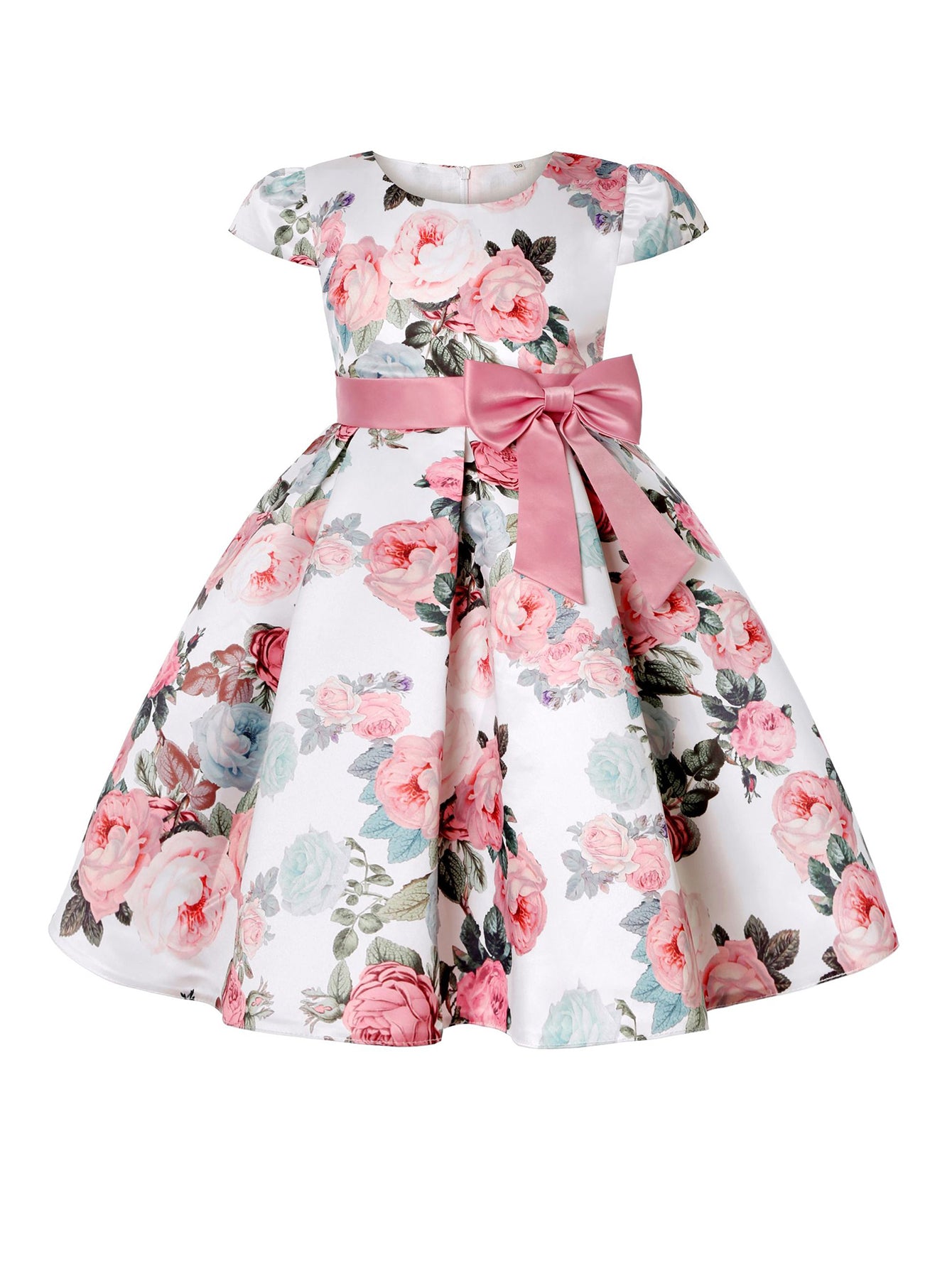 Children Eden Girls' Elegant Rose Floral Print A-Line Party Dress with Ruffled Short Sleeves & Ribbon Bow - Pink & Beige Floral Print, Slim-Fit Waist, Machine Washable, All-Season Wear for Weddings, Easter, Birthdays (Ages 3-