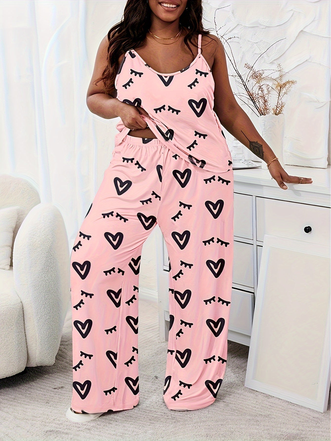 Women'S Plus Size Leopard Print Sleeveless Top & Pants Set - Casual Summer Sleepwear with Adjustable Straps, Vibrant Yellow & Black Animal Print, Comfortable Loungewear for Relaxing at Home, Leopard Print Clothing, Relaxed Fi