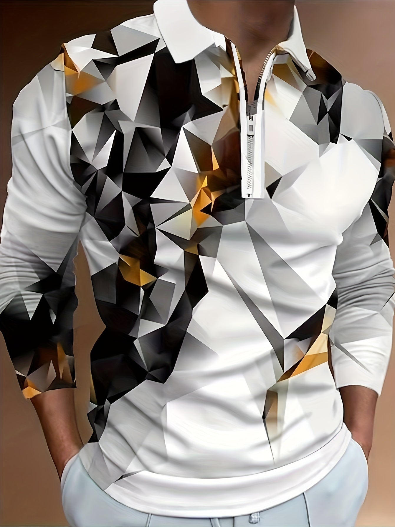 Fashion-Forward Mens Zip Up Shirts - Stylish Geometric Print, Short Sleeves, Lapel Collar - Comfortable Summer Tops & Pullovers