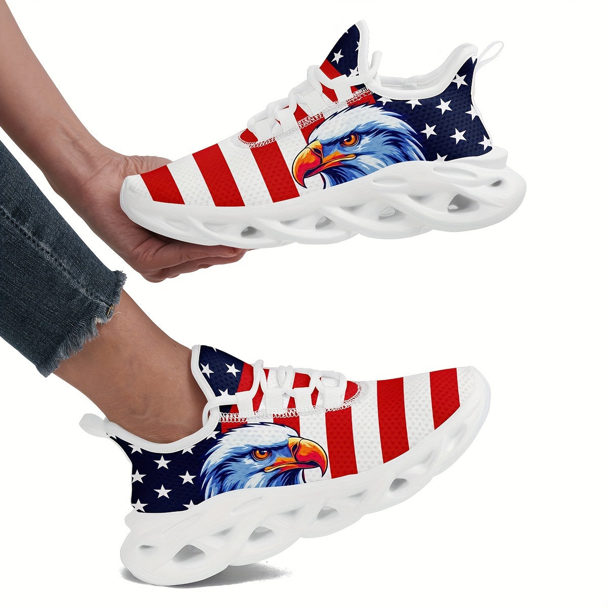 Women's American Flag & Eagle Patriotic Sneakers - Red White &  Low-Top Sneakers with Arch, Cushioned Sole, All-Season Comfort - Ideal for Casual, Sports & 4th of July Events - Breathable Mesh & Lace-Up Closure - Lightweight