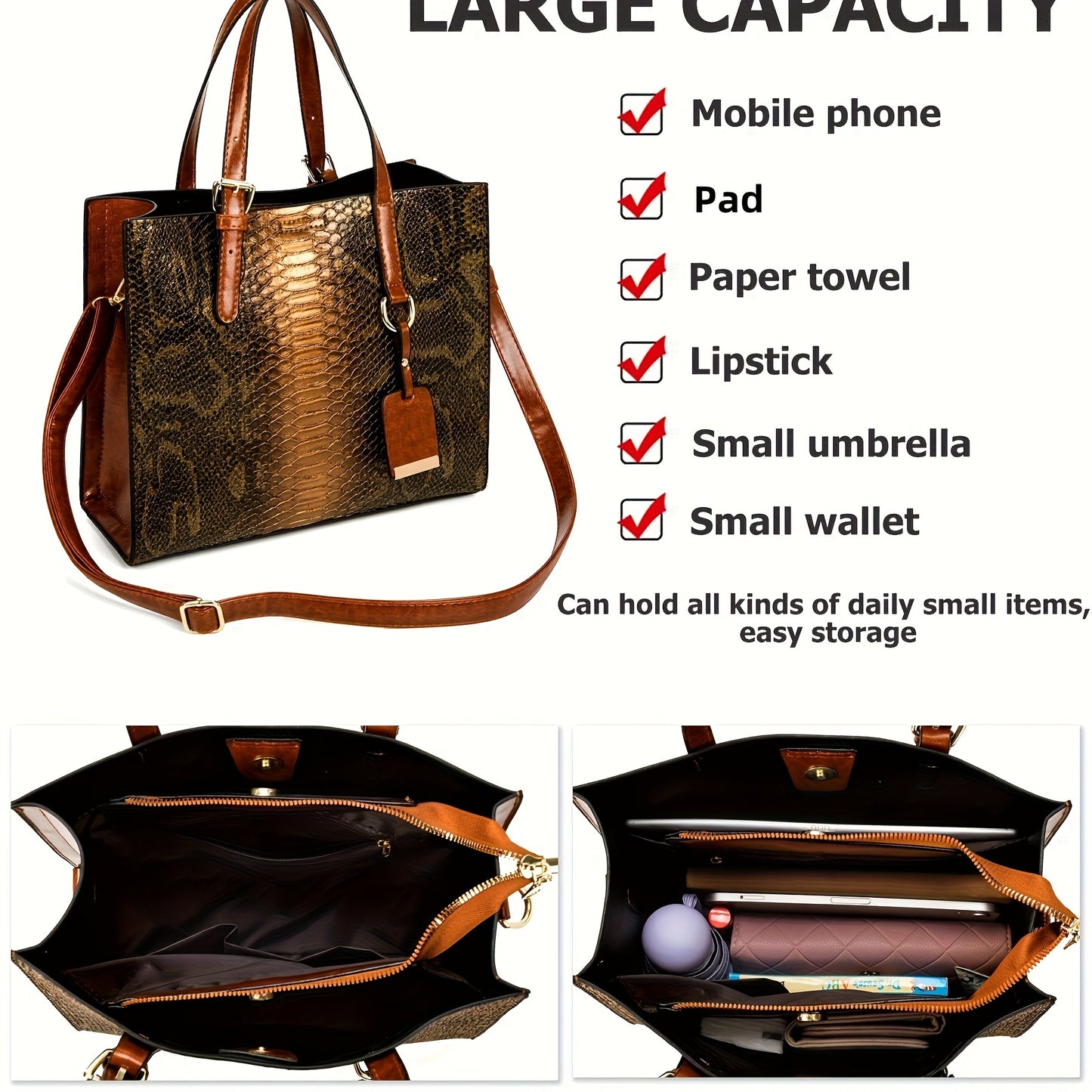 [Vintage Crocodile Handbags] 3-Piece Set Stylish Women's Faux Leather Handbags, Crocodile Pattern Tote With Matching Clutch & Wallet, Vintage Design Crossbody Bag