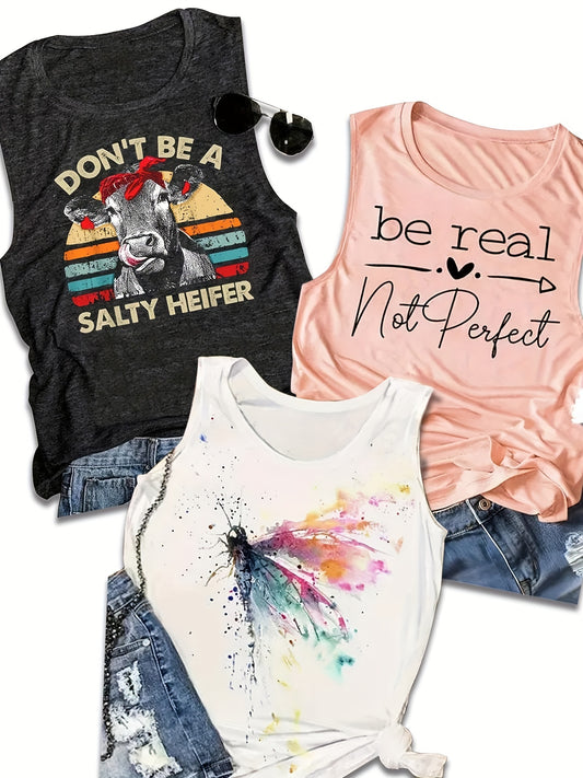 3-Pack Graphic Print Tank Tops - Breathable Crew Neck, Sleeveless Casual Style - Perfect Summer Wardrobe Staple for Women