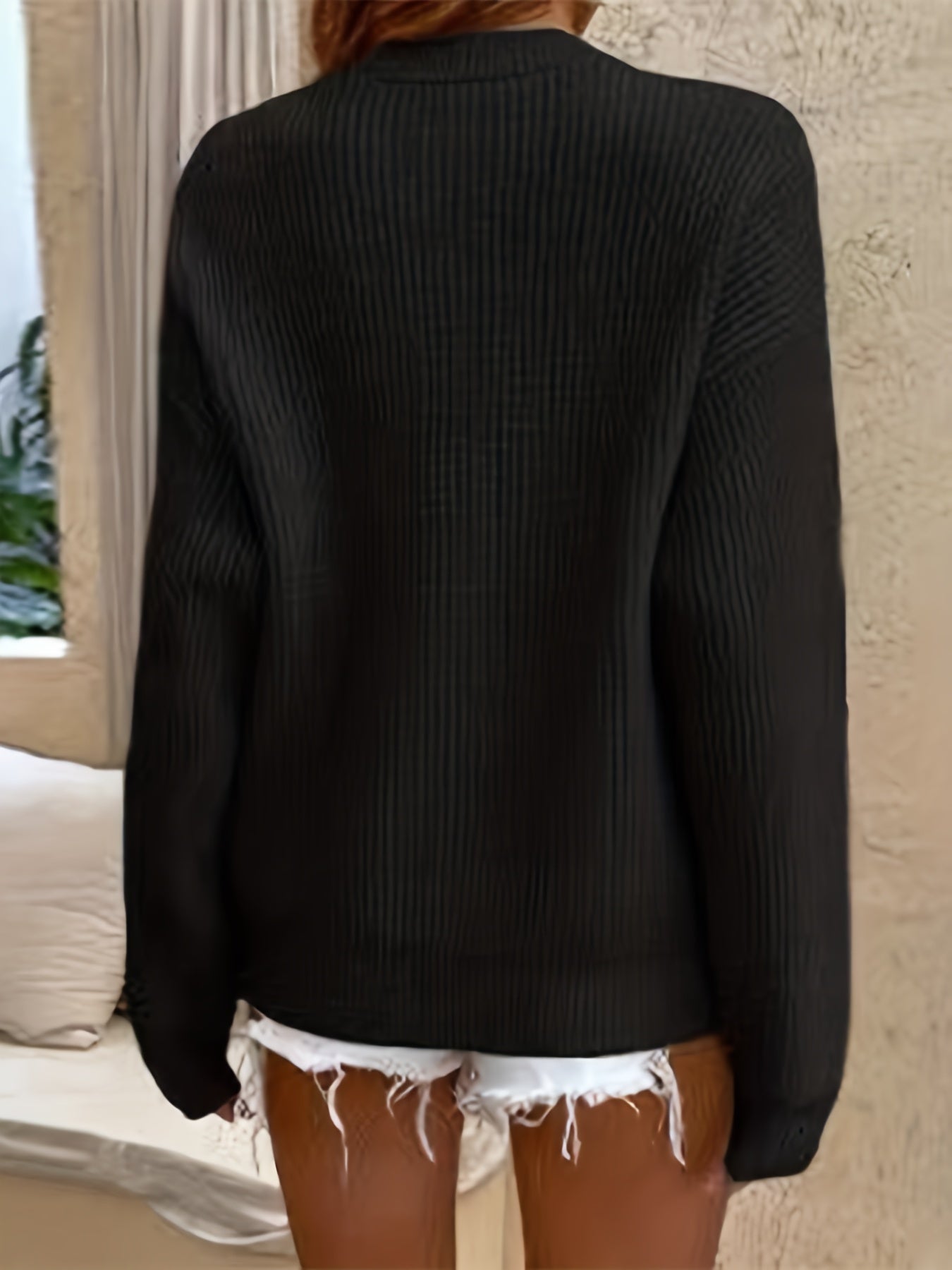 Women's Casual Pullover Sweater with Button Detail - Soft Round Neck Long Sleeve Solid Color Cozy Fall Winter Tops, Sweater, Autumn Wardrobe, Durable Knitwear