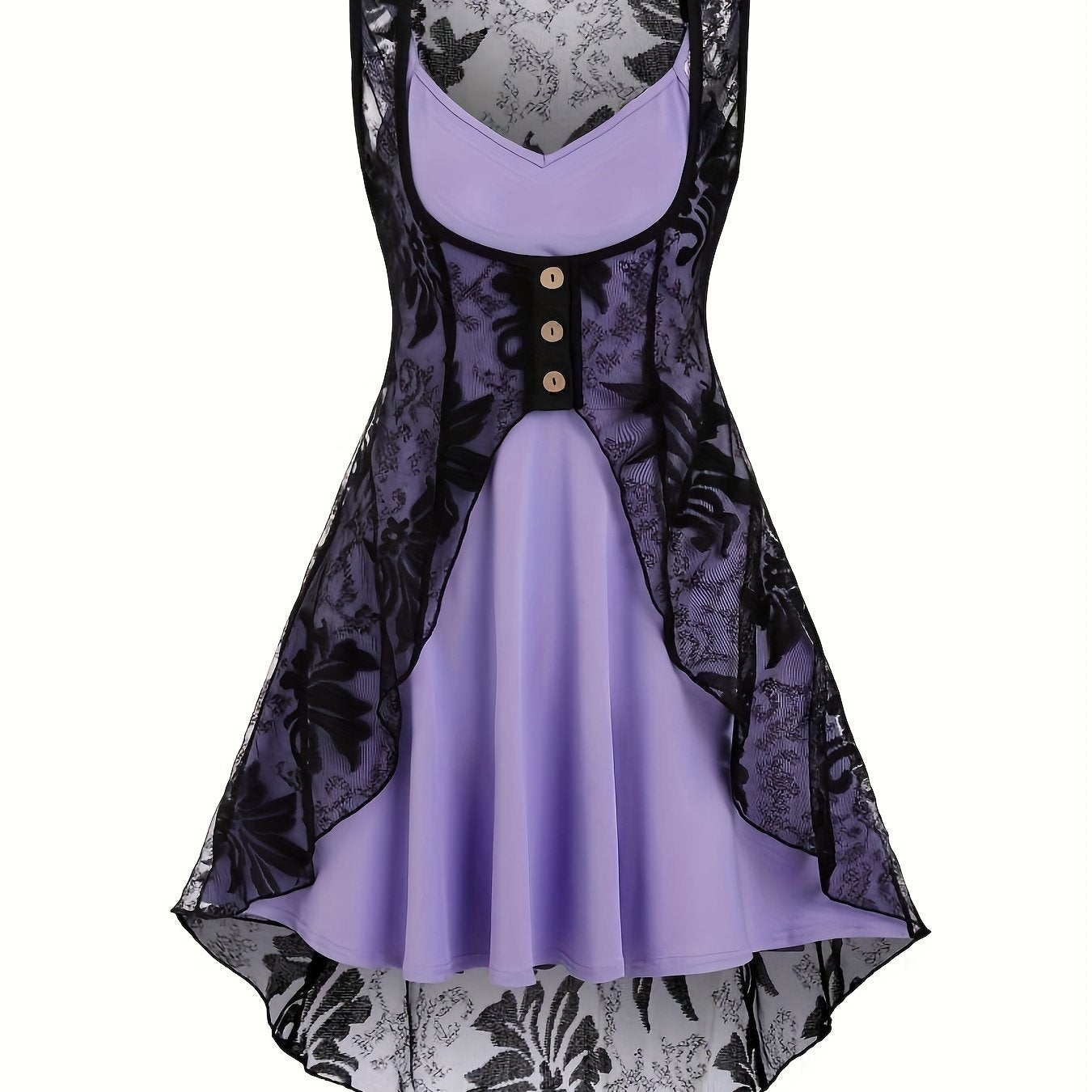 [Two-piece V Neck Dress Set] Casual Flare Two-piece Dress Set, V Neck Sleeveless Cami Dress & Button Front Asymmetric Hem Lace Top Outfits, Women's Clothing