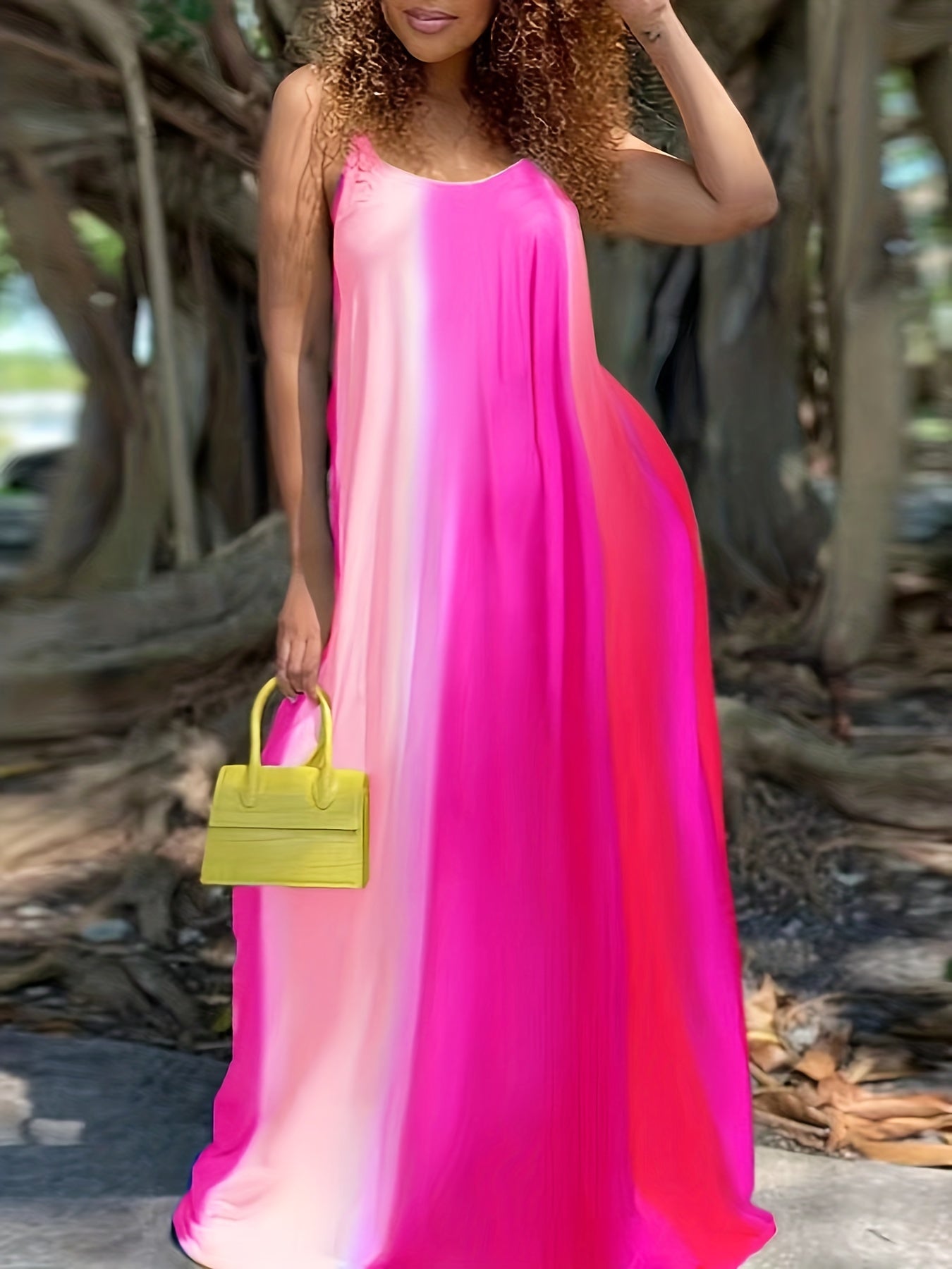 [Plus Size Maxi Dress] Elegant Plus Size Tie Dye V Neck Loose Cami Maxi Dress, Women's Slight Stretch Long Dress