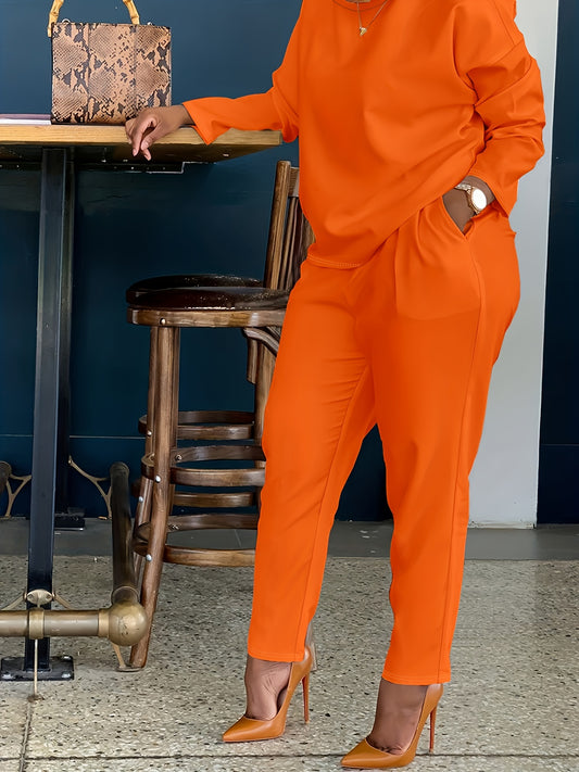 Solid Casual Two-piece Set, Crew Neck Long Sleeve Tops & Wide Leg Long Length Pants Outfits, Women's Clothing
