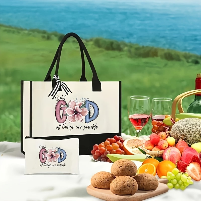 2-Piece Set of Christian Handbags with Inspirational Quotes, Fashionable Jesus Letters Print, Makeup Bags, Ideal Gift for Mothers, Wives, Girlfriends, and Sisters