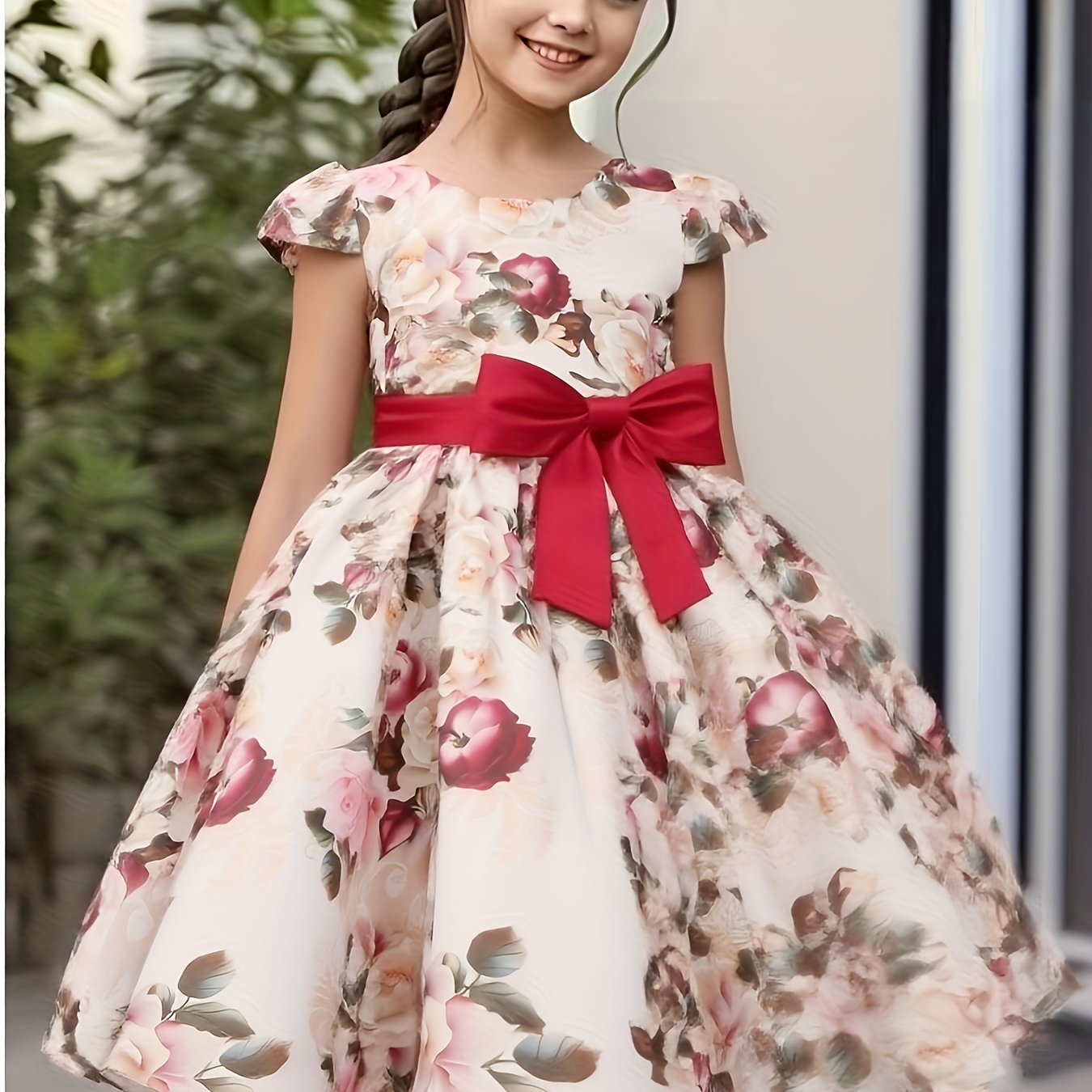 Children Eden Girls' Elegant Rose Floral Print A-Line Party Dress with Ruffled Short Sleeves & Ribbon Bow - Pink & Beige Floral Print, Slim-Fit Waist, Machine Washable, All-Season Wear for Weddings, Easter, Birthdays (Ages 3-