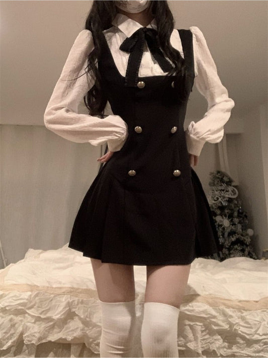 An elegant double-breasted A-line hem color clashing fake two-piece dress, bow tie neckline long-sleeved shirt dress, the fabric is comfortable, suitable for spring and autumn daily wear for various occasions, Women's clothin