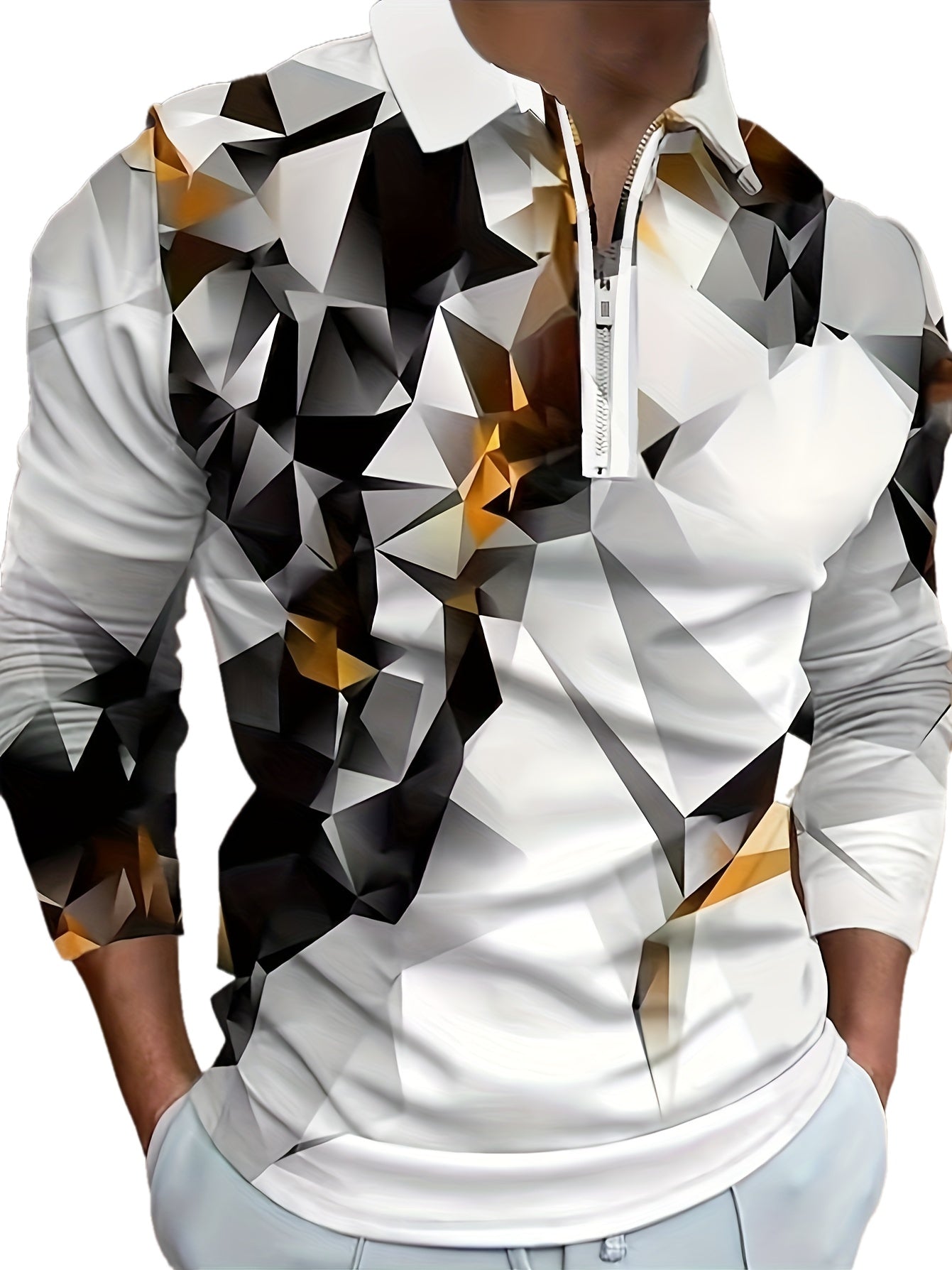 Fashion-Forward Mens Zip Up Shirts - Stylish Geometric Print, Short Sleeves, Lapel Collar - Comfortable Summer Tops & Pullovers