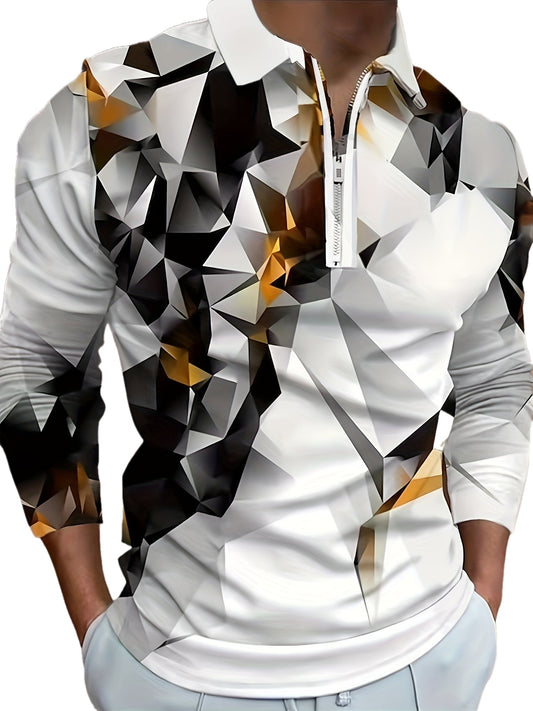 Fashion-Forward Mens Zip Up Shirts - Stylish Geometric Print, Short Sleeves, Lapel Collar - Comfortable Summer Tops & Pullovers