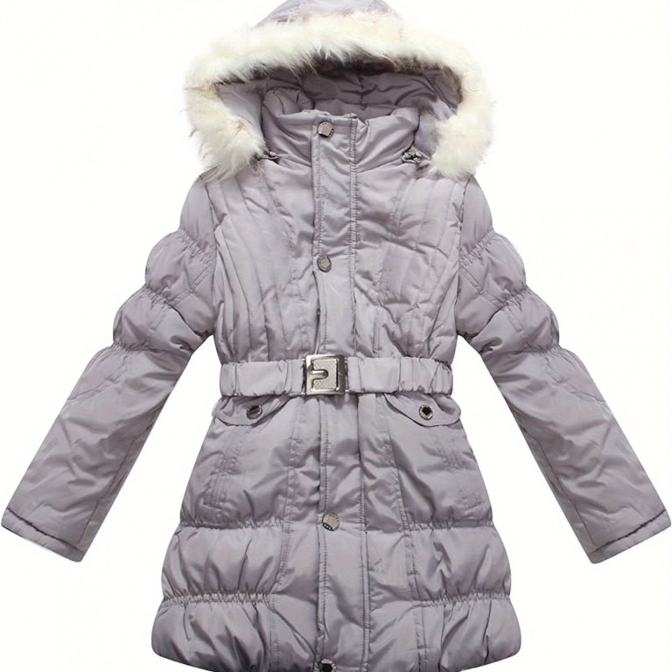 [Long Sleeve Fuzzy Winter Parkas] Amemory In Girls Winter Parkas Long Sleeve Fuzzy Hooded Padded Winter Jacket with Belt