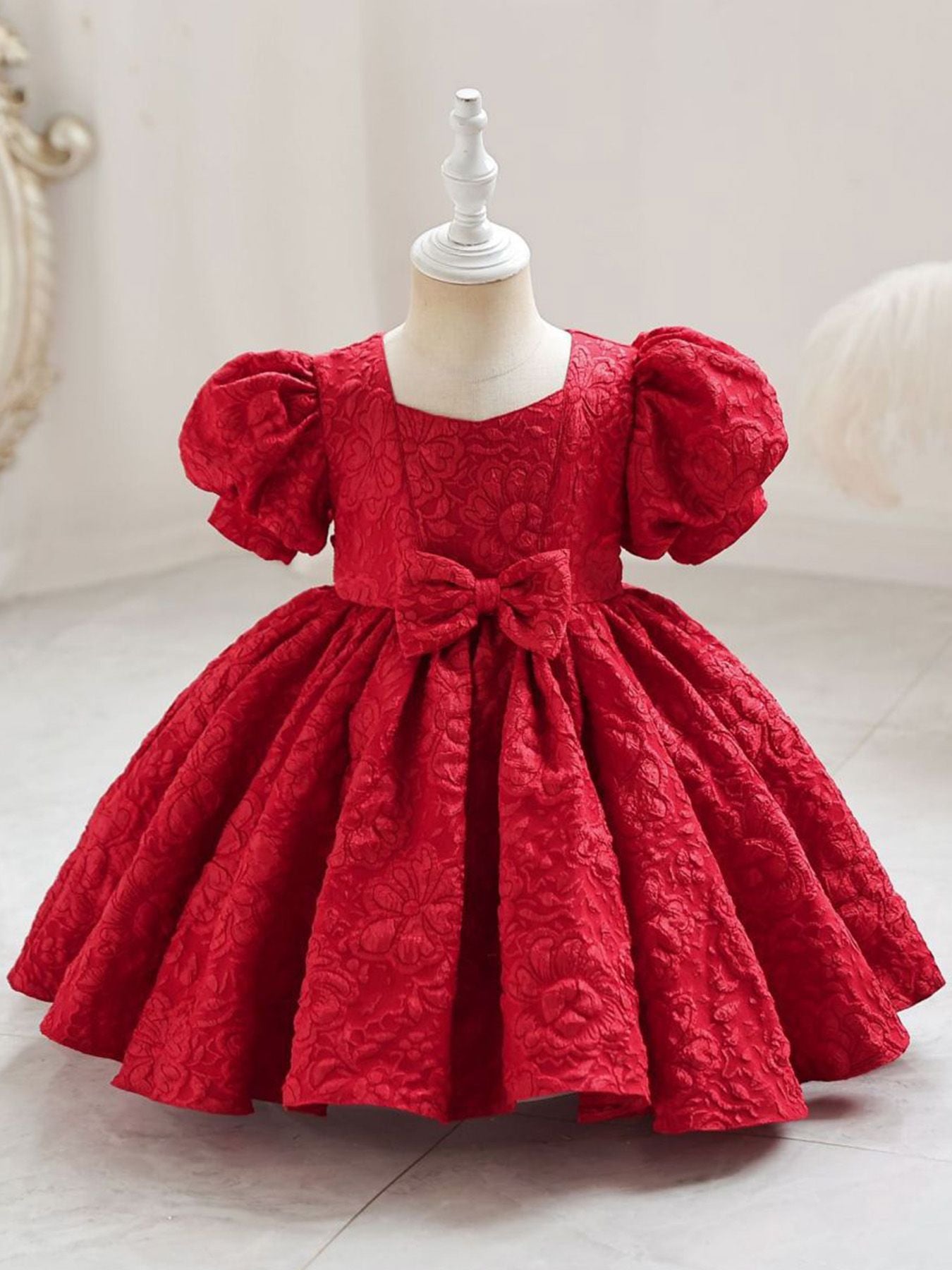 Elegant V-Neck Princess Dress for Girls - All-Season, Lantern Sleeves, Flared Hem & Cute Bow, Perfect for Parties, Pageants & Birthdays