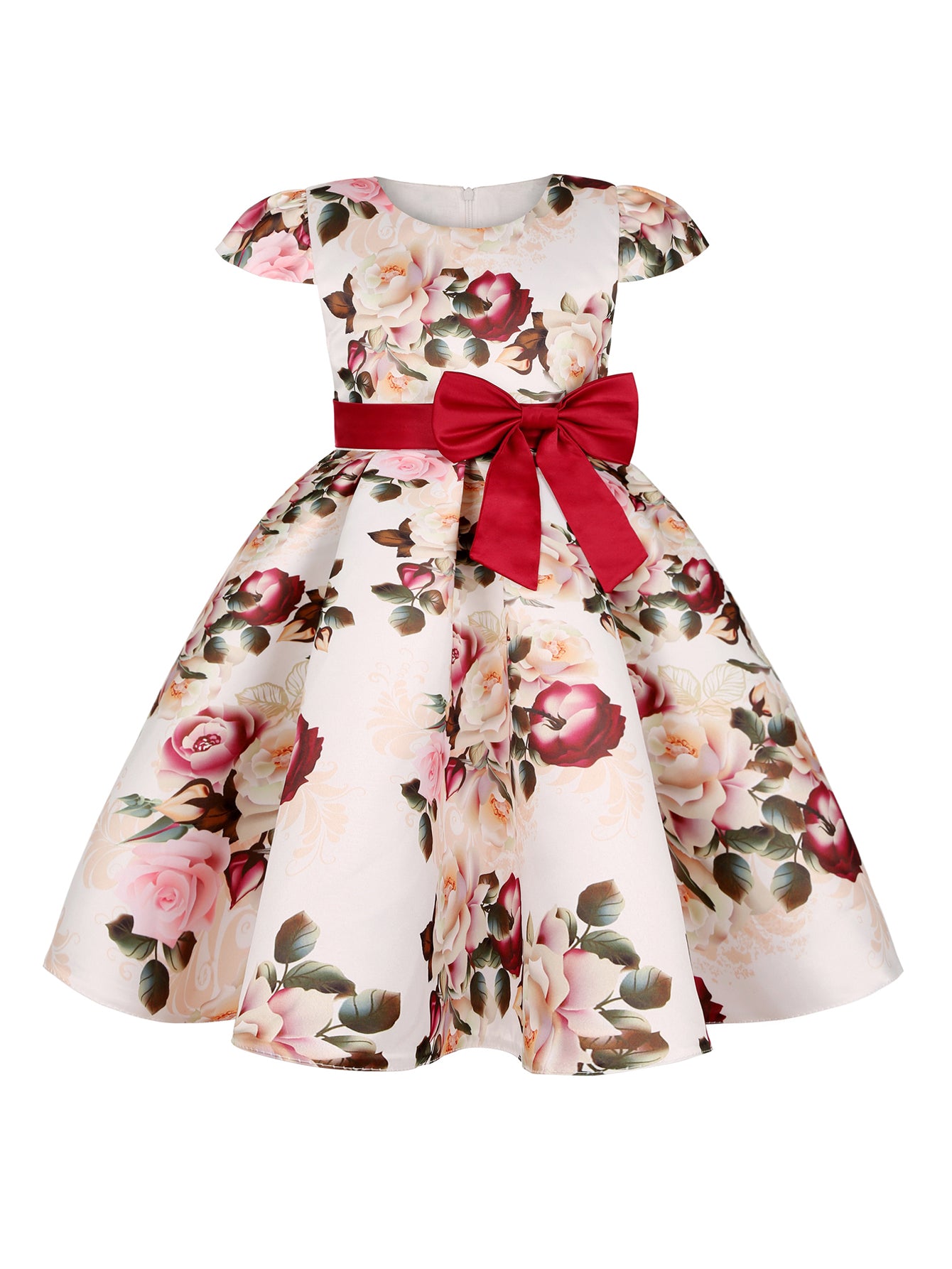 Children Eden Girls' Elegant Rose Floral Print A-Line Party Dress with Ruffled Short Sleeves & Ribbon Bow - Pink & Beige Floral Print, Slim-Fit Waist, Machine Washable, All-Season Wear for Weddings, Easter, Birthdays (Ages 3-
