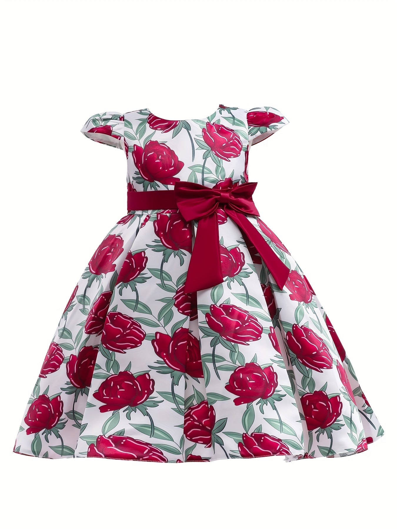 Children Eden Girls' Elegant Rose Floral Print A-Line Party Dress with Ruffled Short Sleeves & Ribbon Bow - Pink & Beige Floral Print, Slim-Fit Waist, Machine Washable, All-Season Wear for Weddings, Easter, Birthdays (Ages 3-