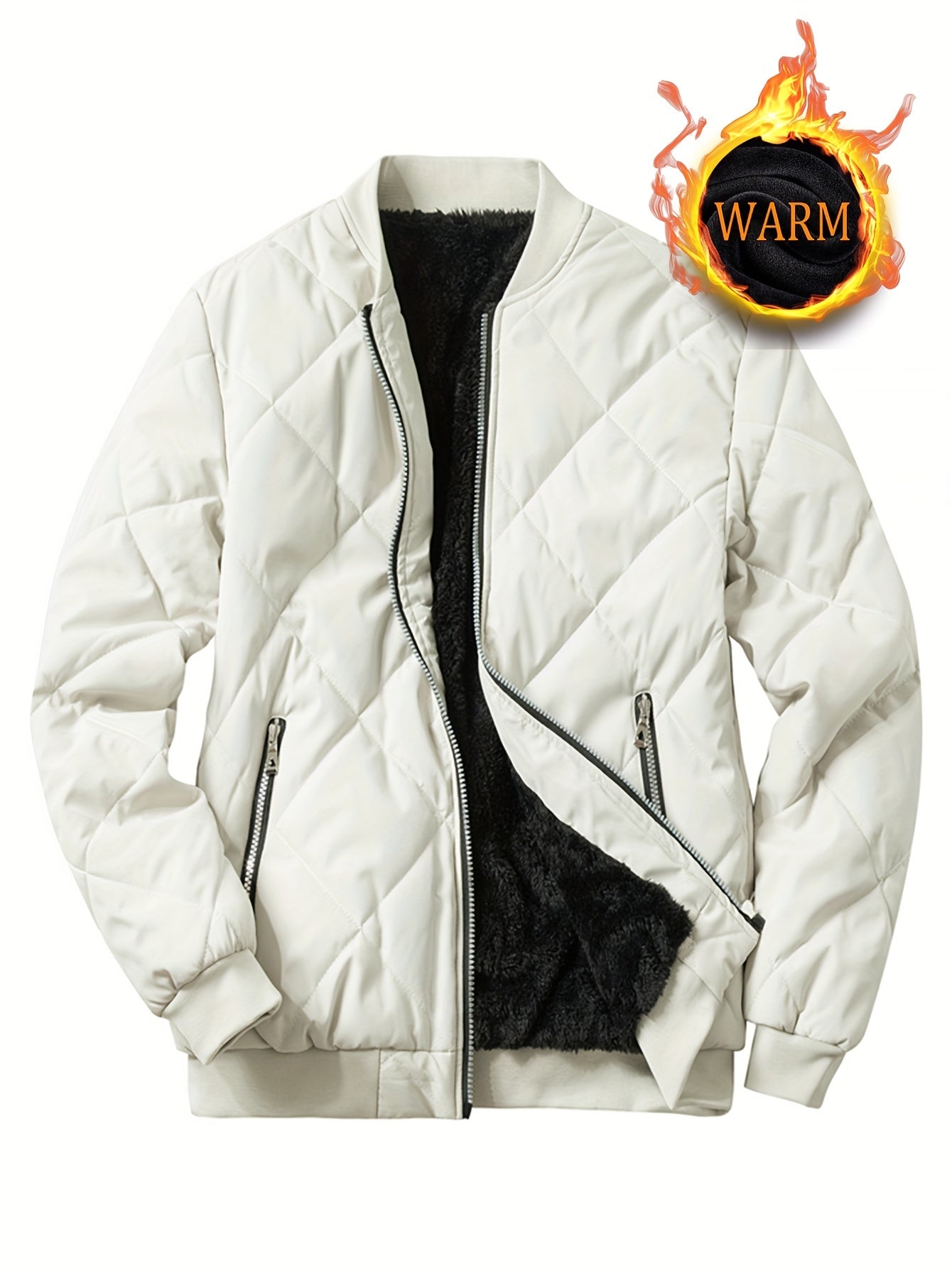 Cozy Fleece Winter Jacket - Quilted, Baseball Collar, Zipper Pockets, Water-Resistant, Breathable, Soft, Men's Casual Coat for Outdoor Activities