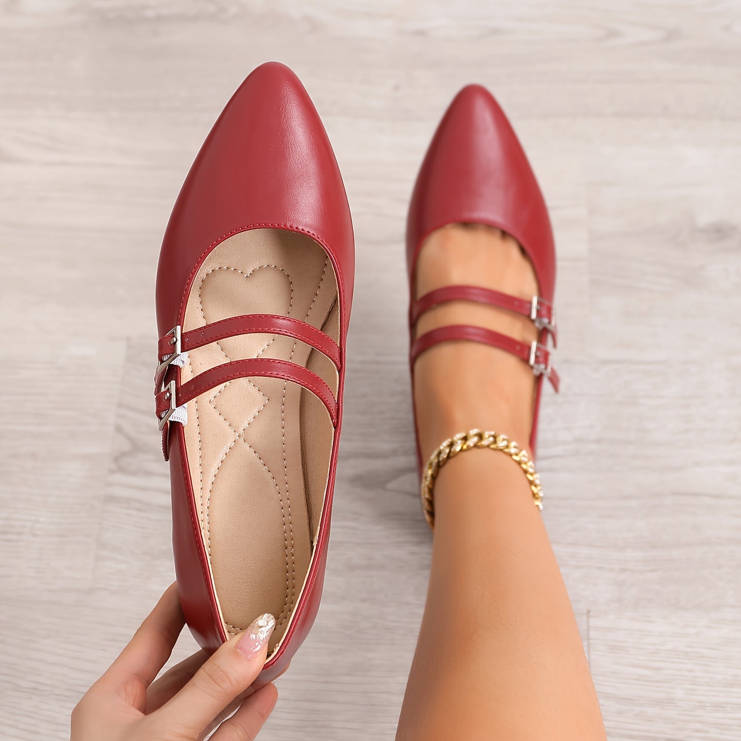 Pointed Red Single Shoes for Women Mary Jane Flat Versatile Retro Soft Cover with One-Word Buckle and Airy Choker Light Mouth Golden French Women's Shoes