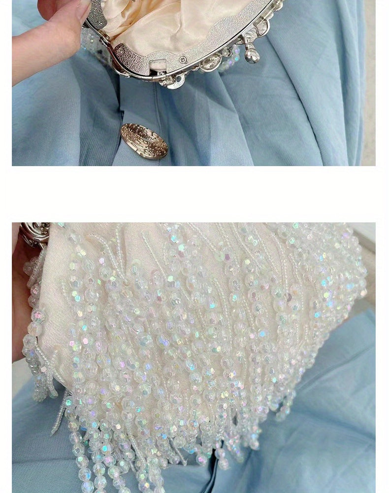 Beaded Crystal Evening Bag For Women, Tassel Decor Kiss Lock Clutch Purse, Elegant Satin Handbags For Wedding Prom Party