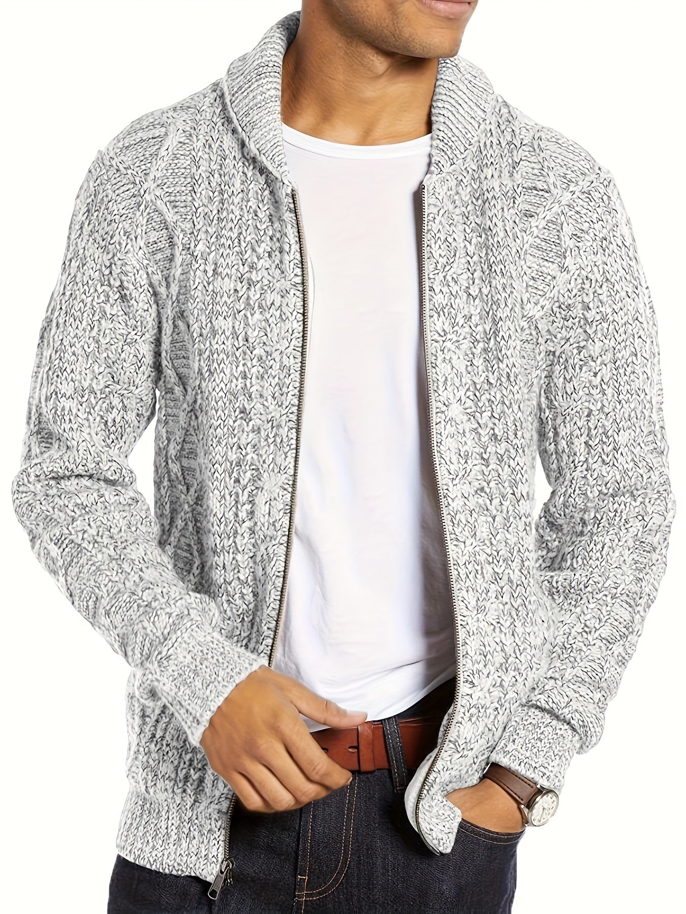 Mens Shawl Neck Cardigan Sweater Cable Knit Zip Up Closure with Pockets Winter Jacket Outerwear