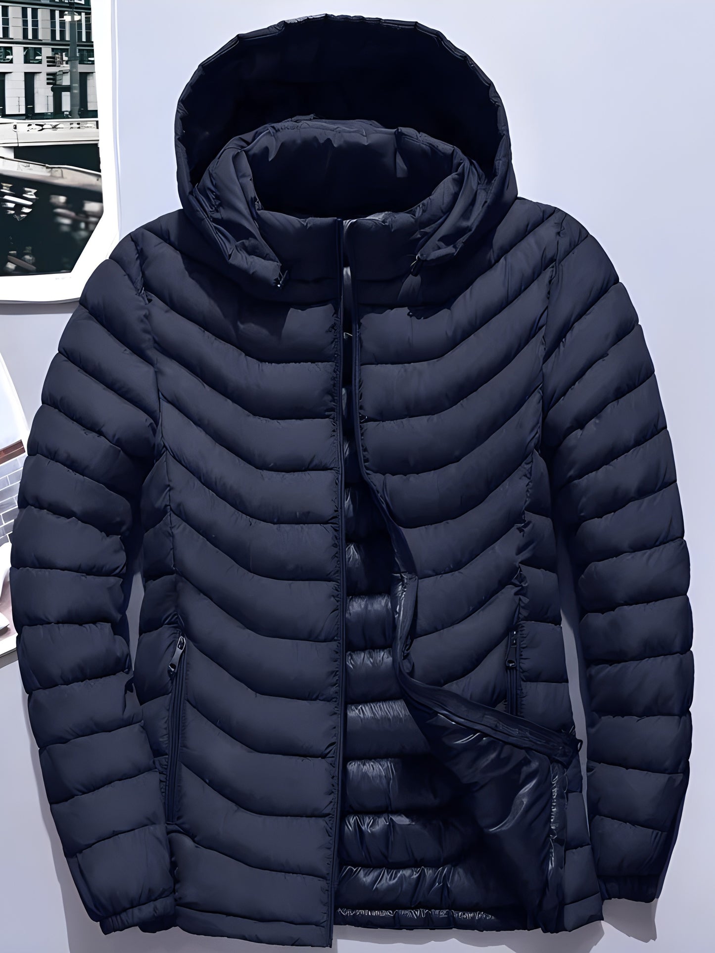 Men's Elegant Hooded Winter Jacket - Warm, Windproof with Removable Hood & Zipper Pockets