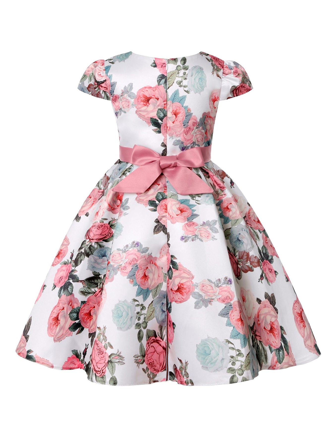 Children Eden Girls' Elegant Rose Floral Print A-Line Party Dress with Ruffled Short Sleeves & Ribbon Bow - Pink & Beige Floral Print, Slim-Fit Waist, Machine Washable, All-Season Wear for Weddings, Easter, Birthdays (Ages 3-