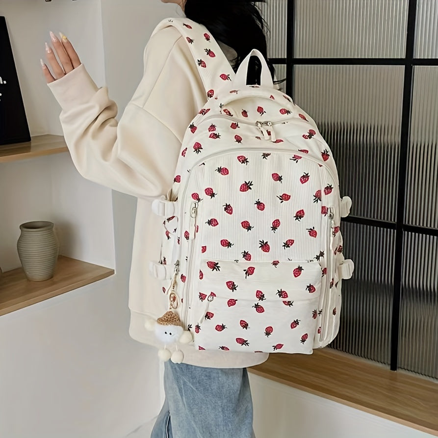 Women's Floral & Ladybug Print Backpack with Plush Fleece Lining - Adjustable Strap, Soft Shell School Backpack with Heart Cutouts & Pom-Pom Charm, Beige & Red Design, Zipper Closure, Lining & Fleece Exterior for Casual, Coll