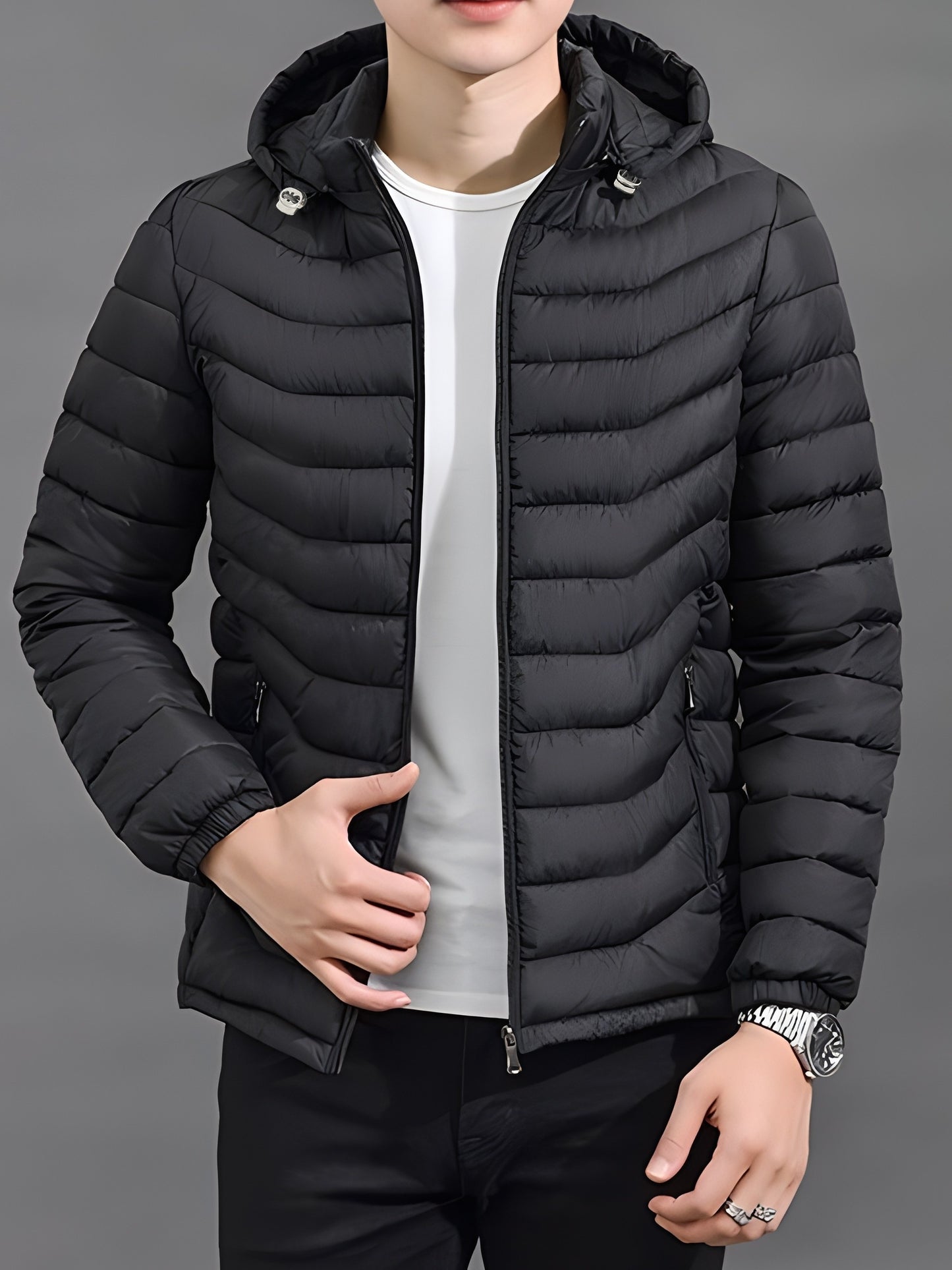 Men's Elegant Hooded Winter Jacket - Warm, Windproof with Removable Hood & Zipper Pockets