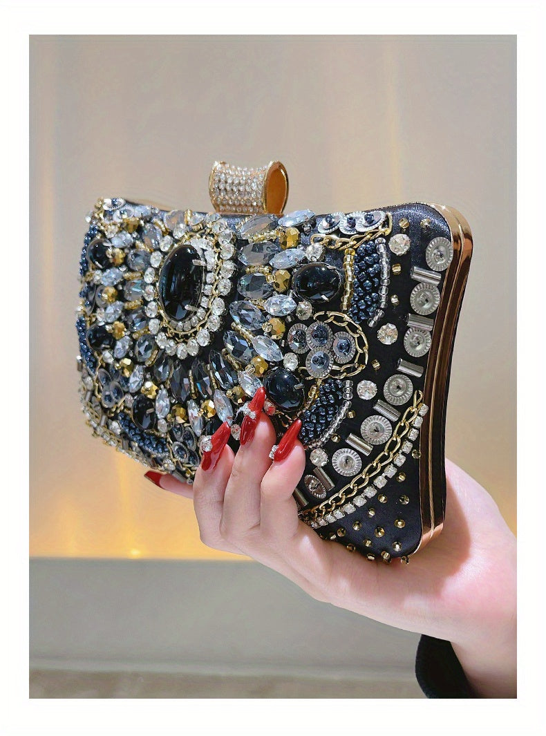 [One Beaded Rhinestone Evening Bag] Beaded Rhinestone Evening Bag, Elegant Box Clutch Purse, Women's Wedding Handbags For Party Prom